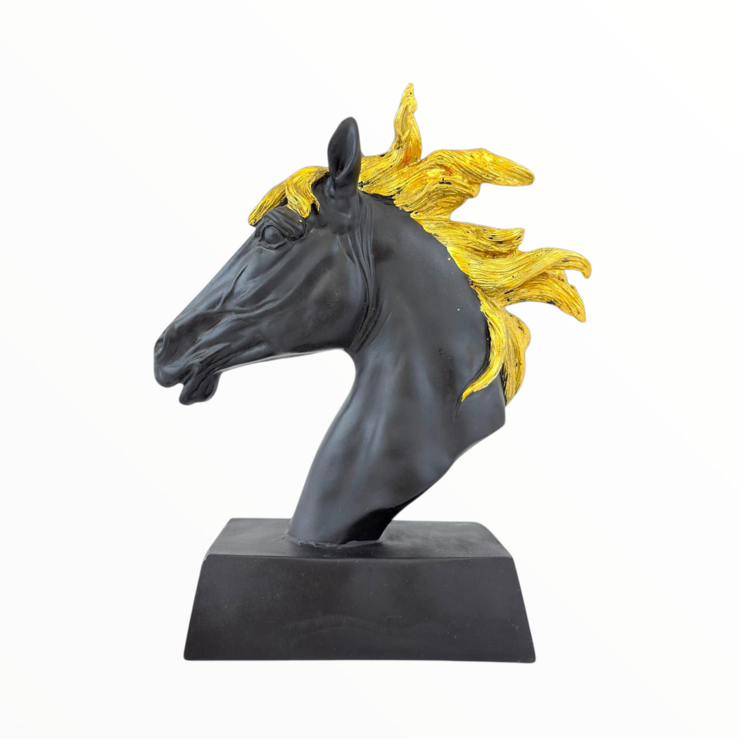 Black Horse Head Sculpture with Gold Mane – Elegant Home Decor
