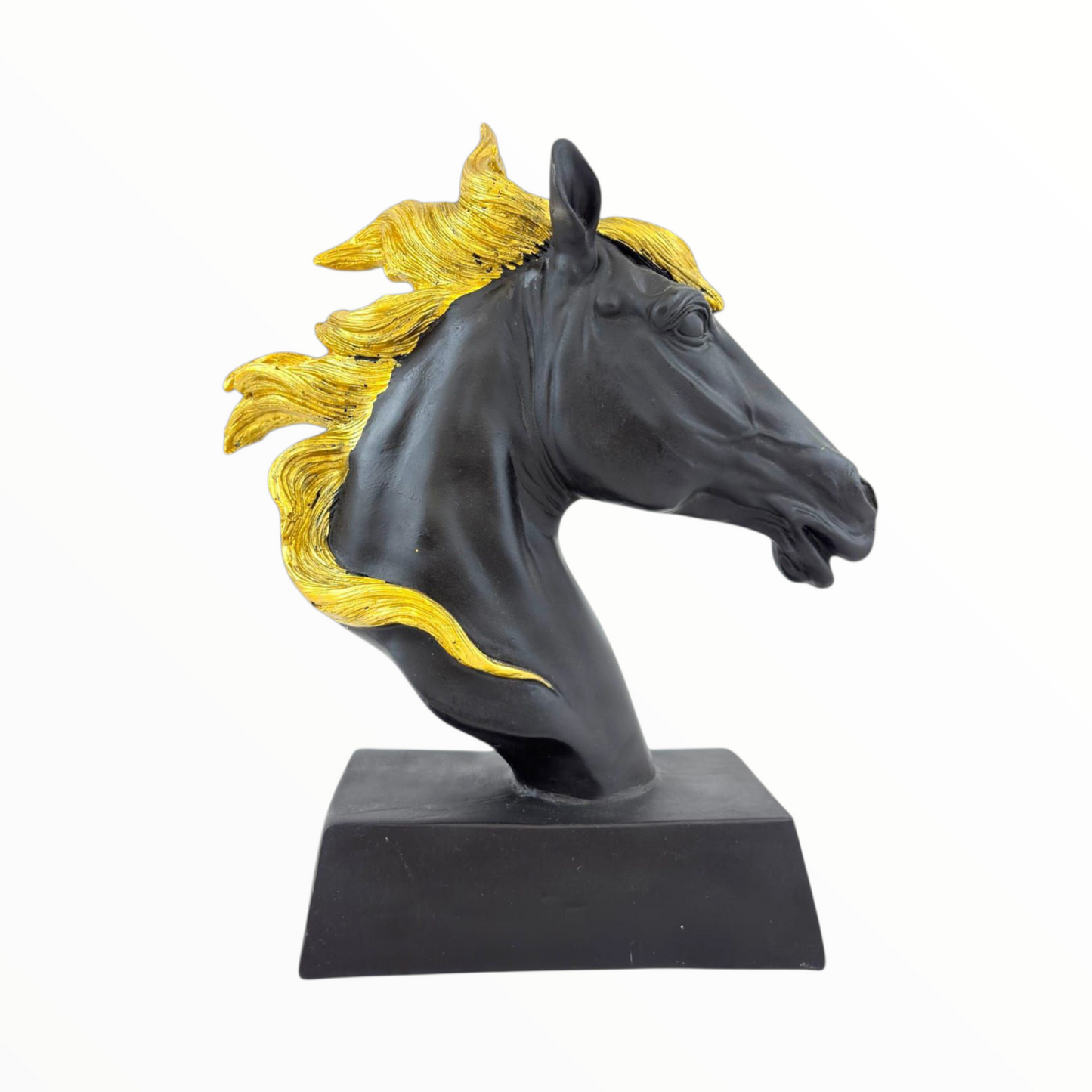 Black Horse Head Sculpture with Gold Mane – Elegant Home Decor