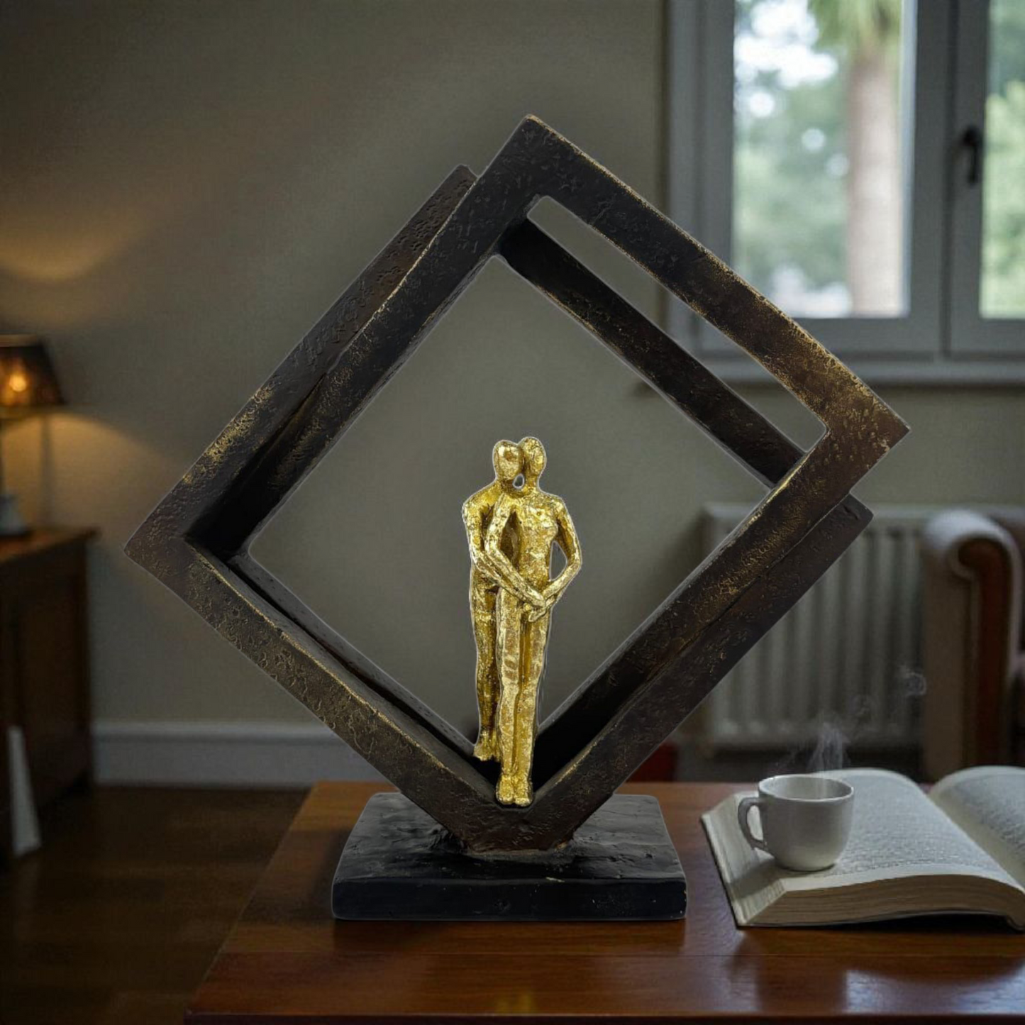 Golden Couple Embrace Statue with Geometric Frame – Modern Romantic Home Decor
