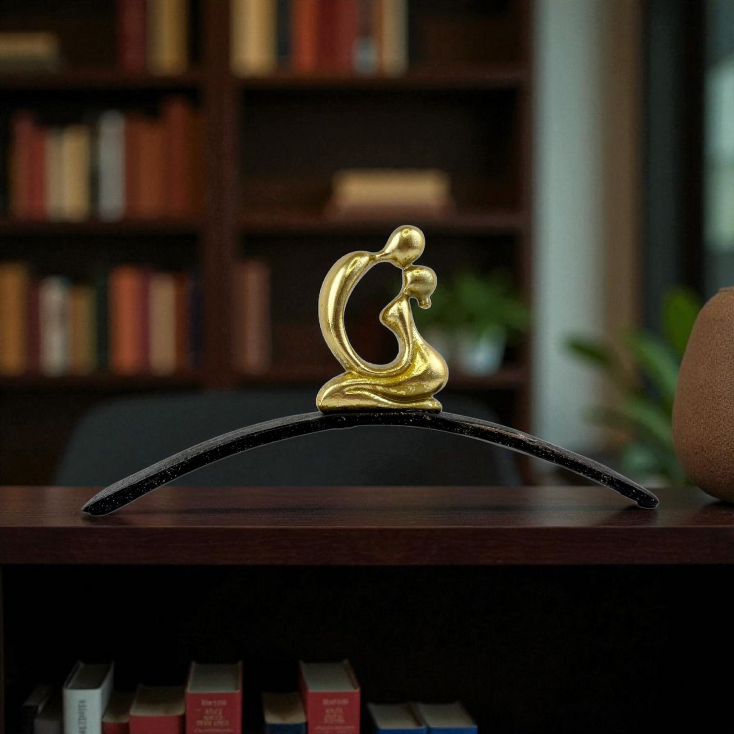 Golden Mother & Child Sculpture on Curved Base – Modern Family Love Decor