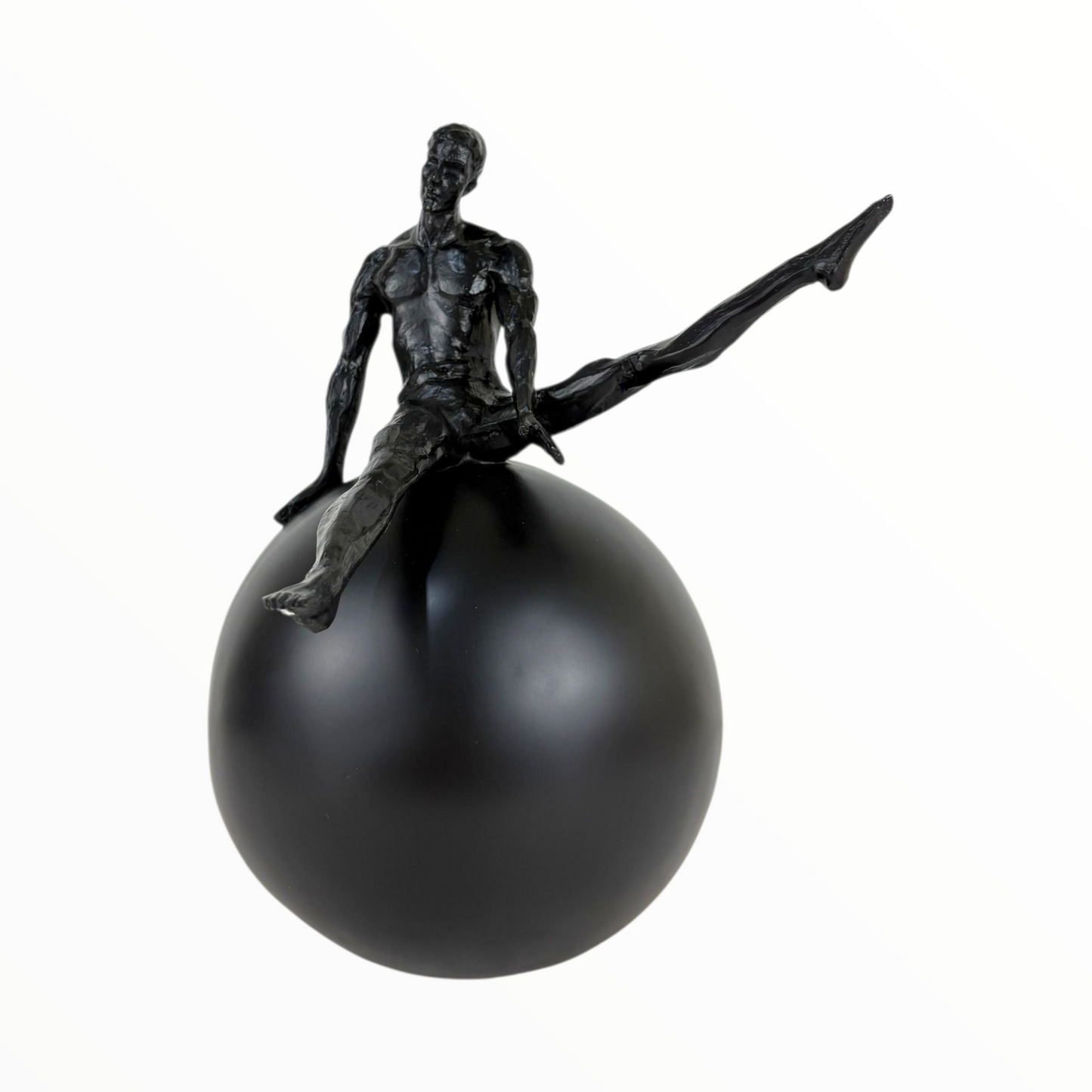 Modern Abstract Man on Sphere Sculpture – Black Minimalist Decor