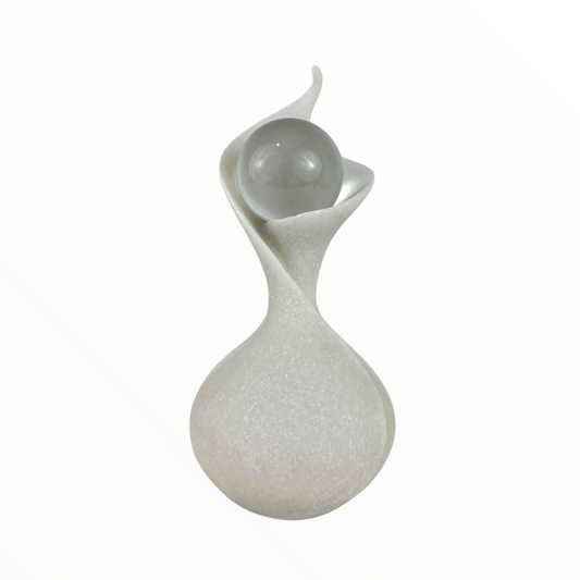 White Abstract Sculpture with Crystal Sphere – Modern Minimalist Decor