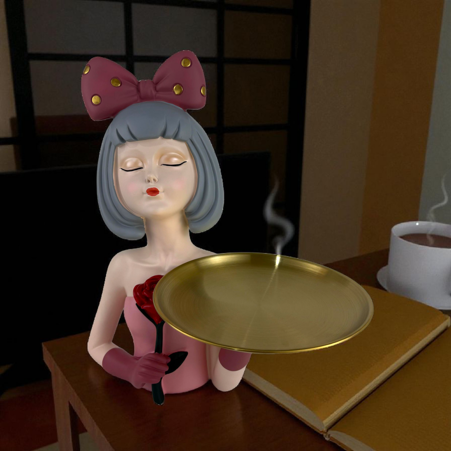 Pink Girl Decorative Tray | Vanity Jewelry & Key Holder Figurine