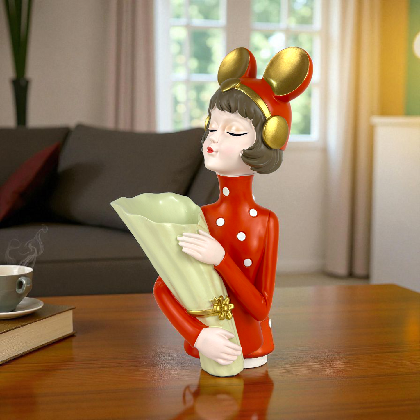 Red Bow Girl Flower Vase Holder – Decorative Figurine