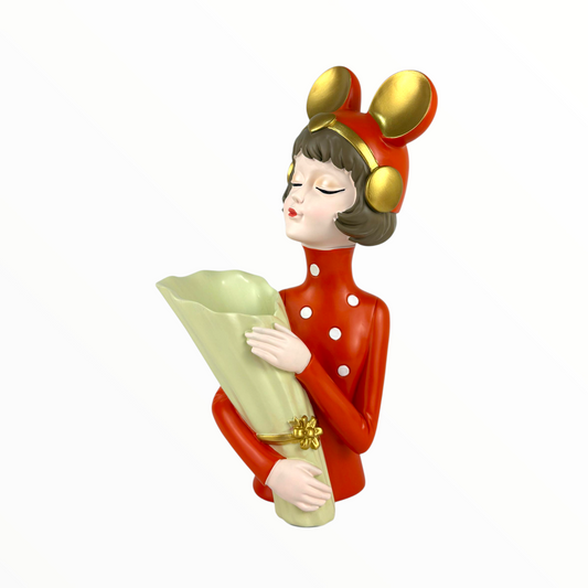 Red Bow Girl Flower Vase Holder – Decorative Figurine