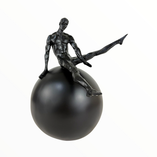 Modern Abstract Man on Sphere Sculpture – Black Minimalist Decor