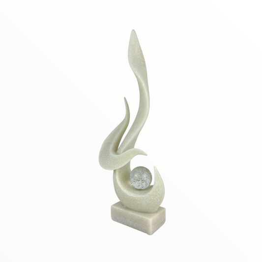 White Abstract Flame Sculpture with Crystal Sphere – Modern Home Decor