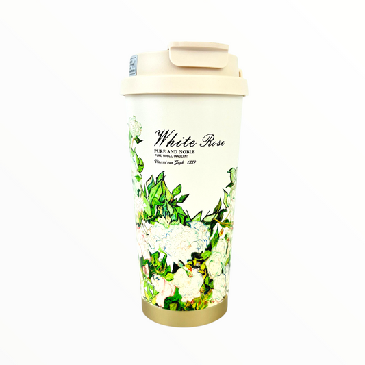 White Rose Floral Travel Tumbler – Double-Wall Insulated Coffee Cup with Leak-Proof Lid