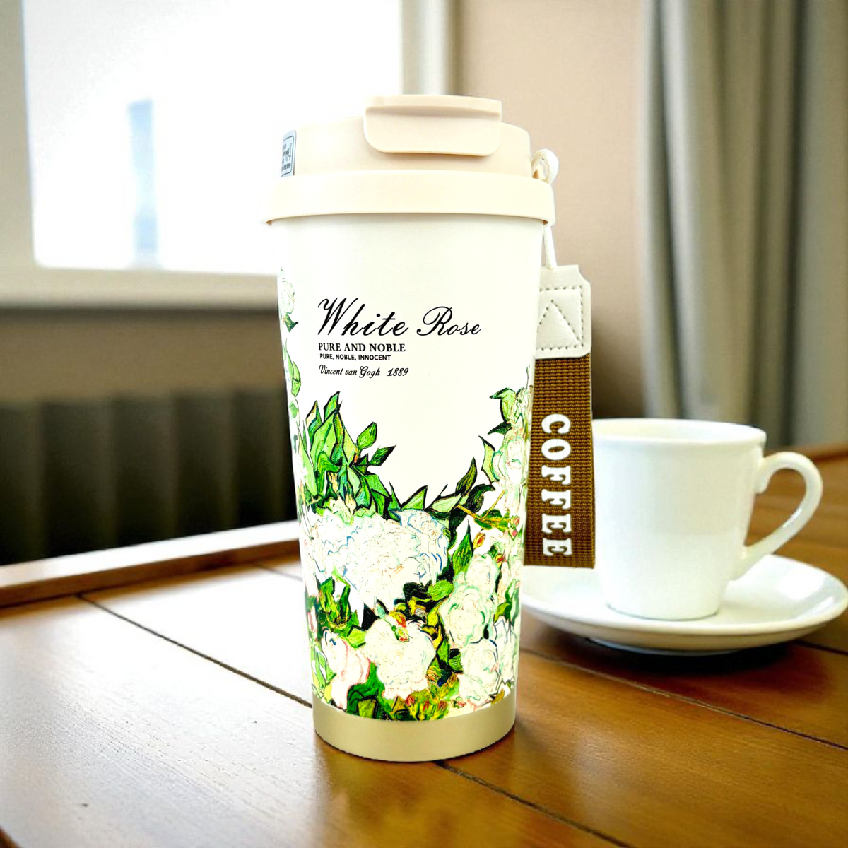 White Rose Floral Travel Tumbler – Double-Wall Insulated Coffee Cup with Leak-Proof Lid