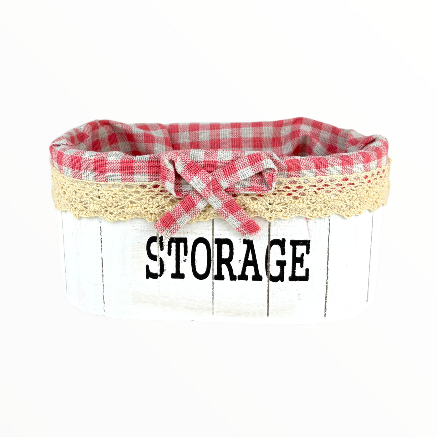 Decorative Storage Baskets – White Wood Design with Pink Gingham Fabric