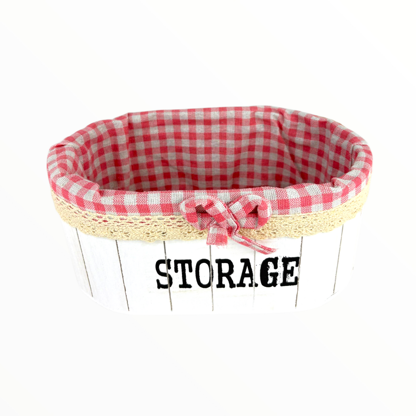 Decorative Storage Baskets – White Wood Design with Pink Gingham Fabric