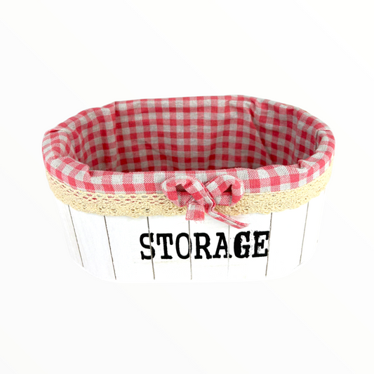Decorative Storage Baskets – White Wood Design with Pink Gingham Fabric