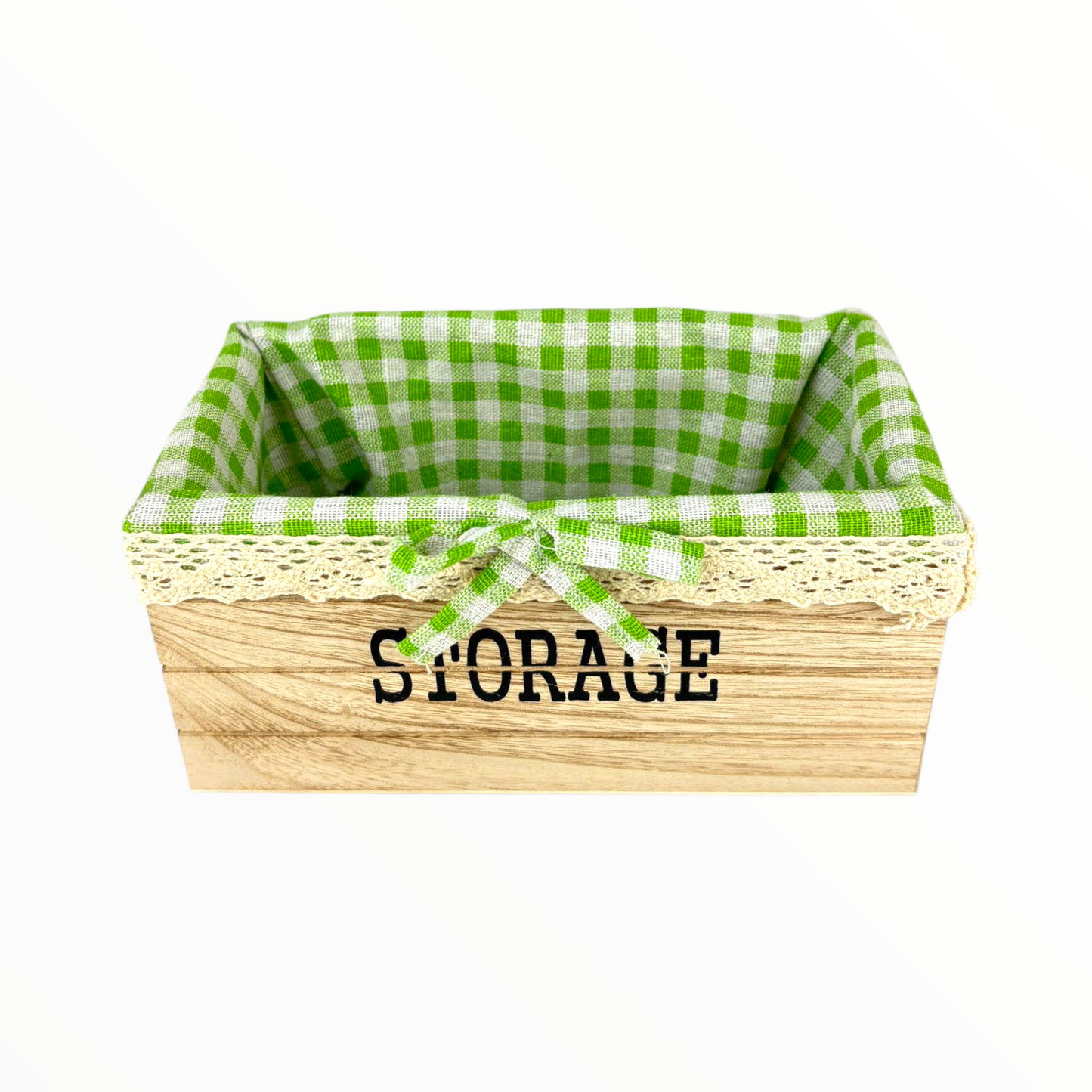 Big Rectangular Wooden Storage Baskets with Green Gingham Lining