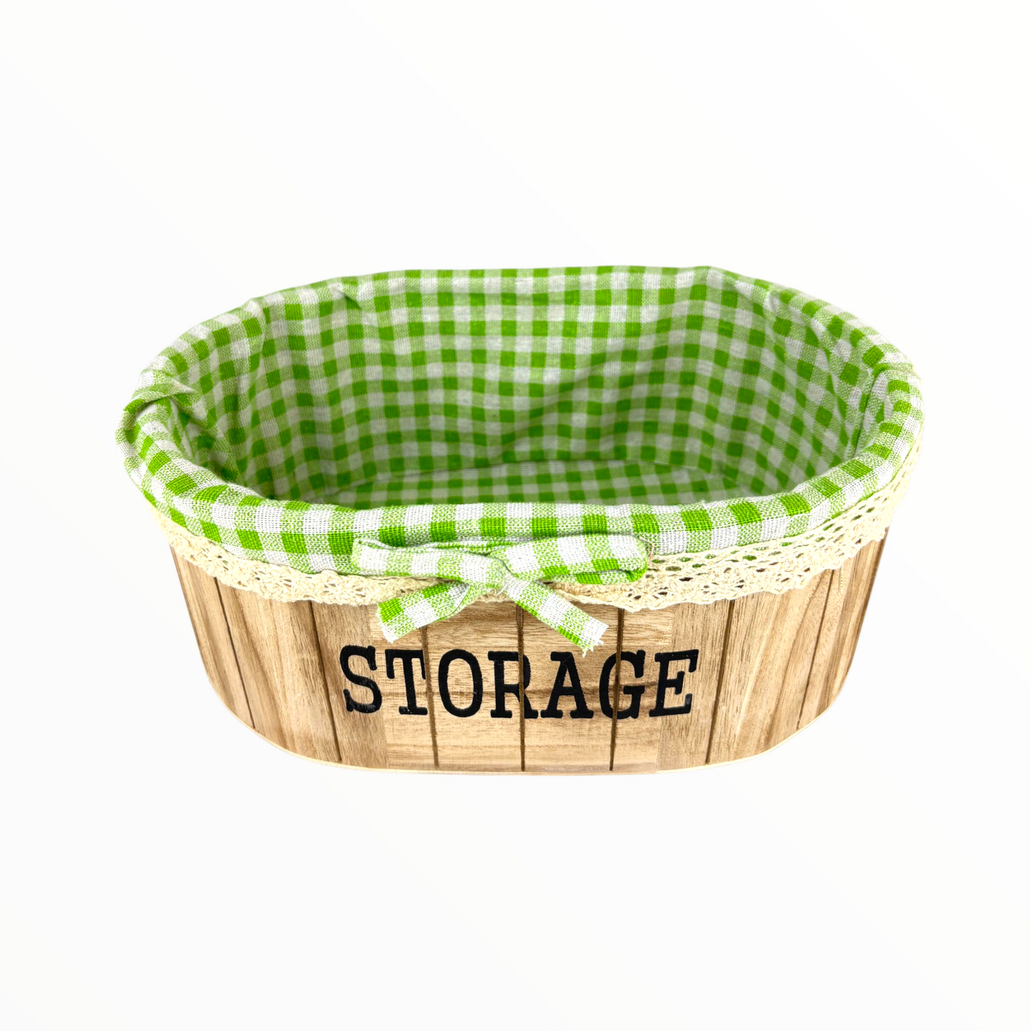 Big Oval Wooden Storage Baskets with Green Gingham Lining – Decorative Organizer Set