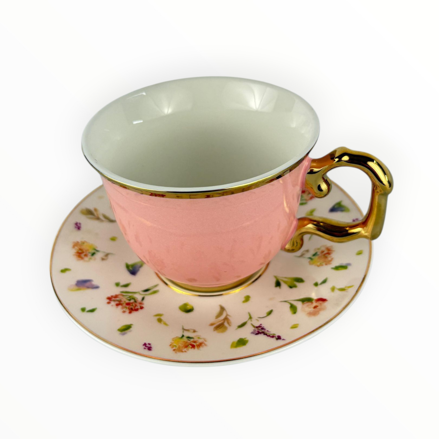 Luxury Pink Porcelain Teacup with Gold Handle & Floral Saucer – Premium Tea Cup Set 12pcs