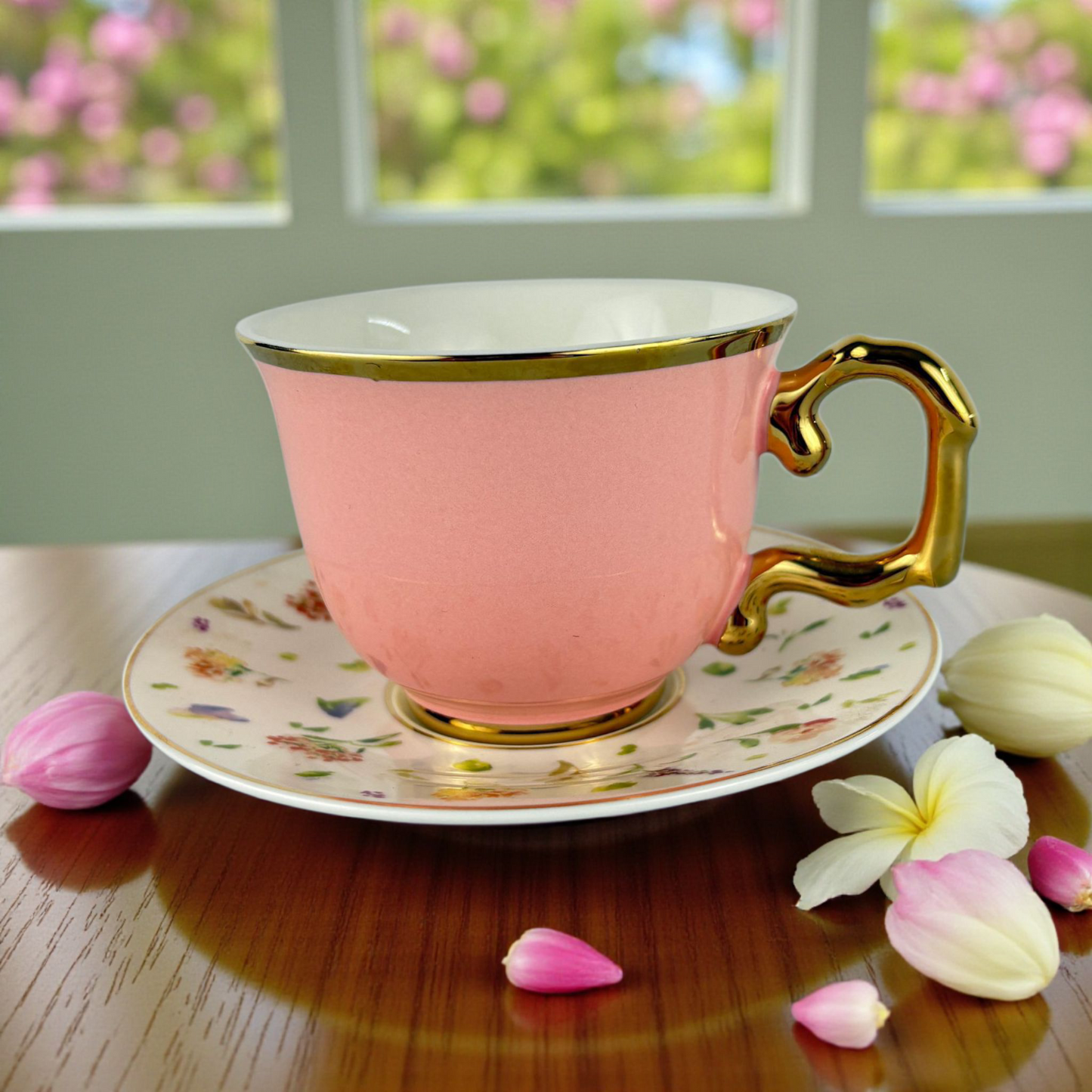 Luxury Pink Porcelain Teacup with Gold Handle & Floral Saucer – Premium Tea Cup Set 12pcs