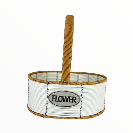 Medium Oval Flower Basket with Handle – Decorative White & Brown Woven Organizer