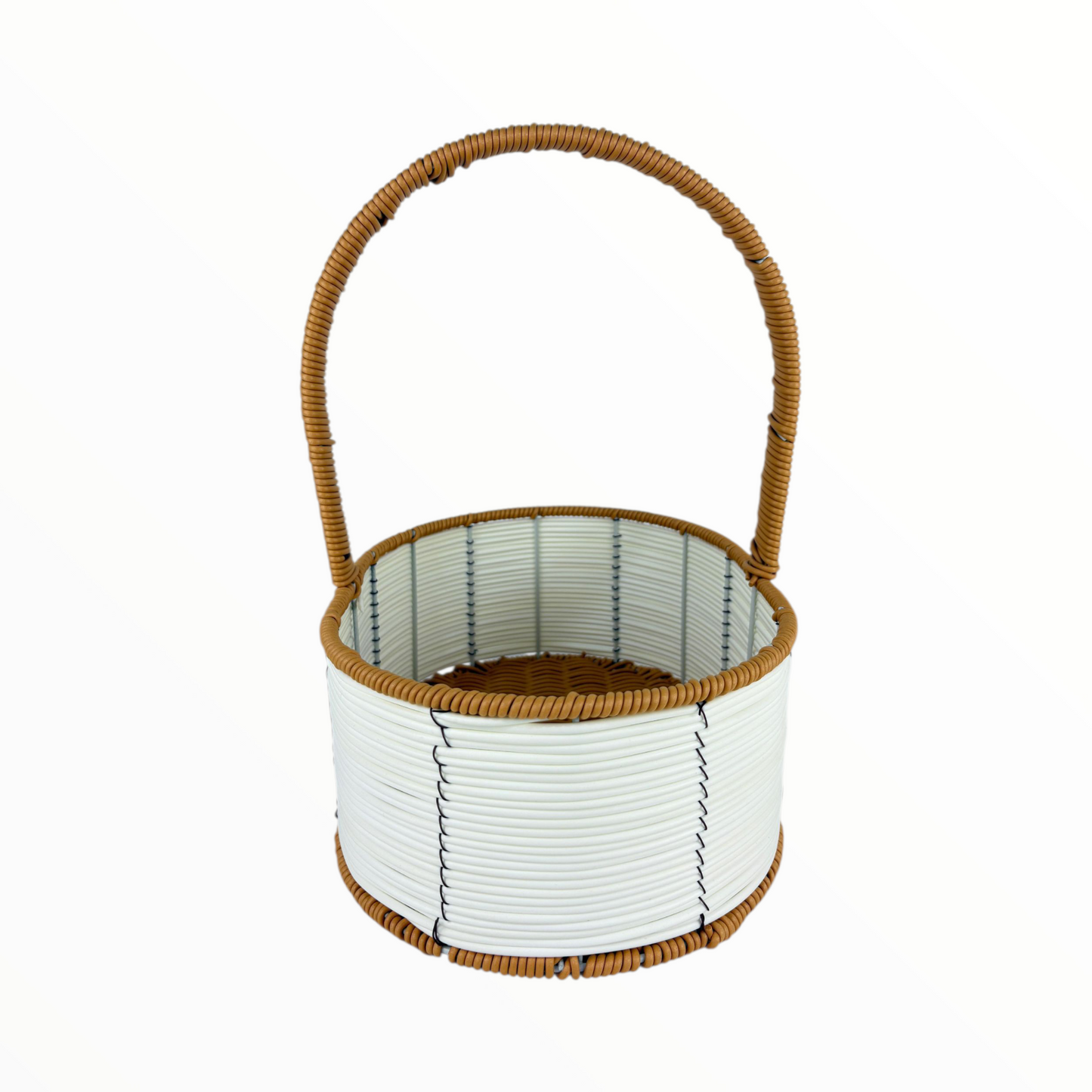 Medium Round Decorative Flower Basket with Handle – White & Brown Woven Storage Organizer