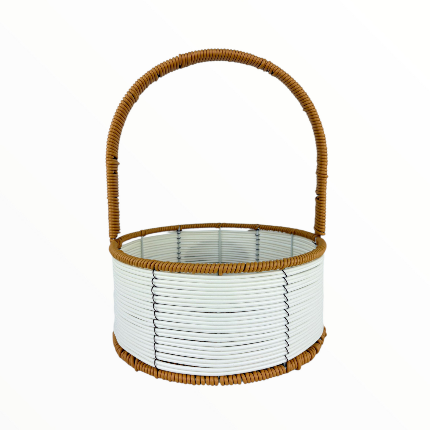 Large Round Flower Basket with Tall Handle – White & Brown Woven Decorative Organizer