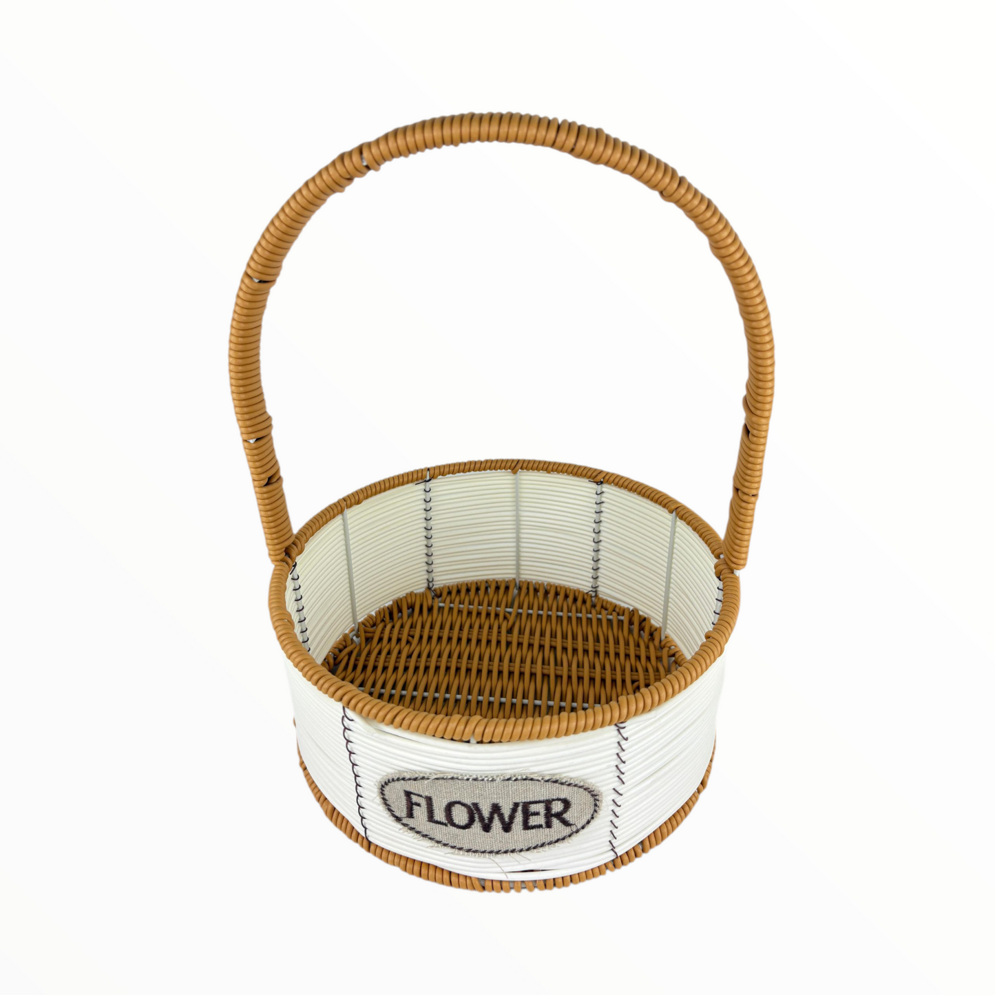 Medium Round Decorative Flower Basket with Handle – White & Brown Woven Storage Organizer