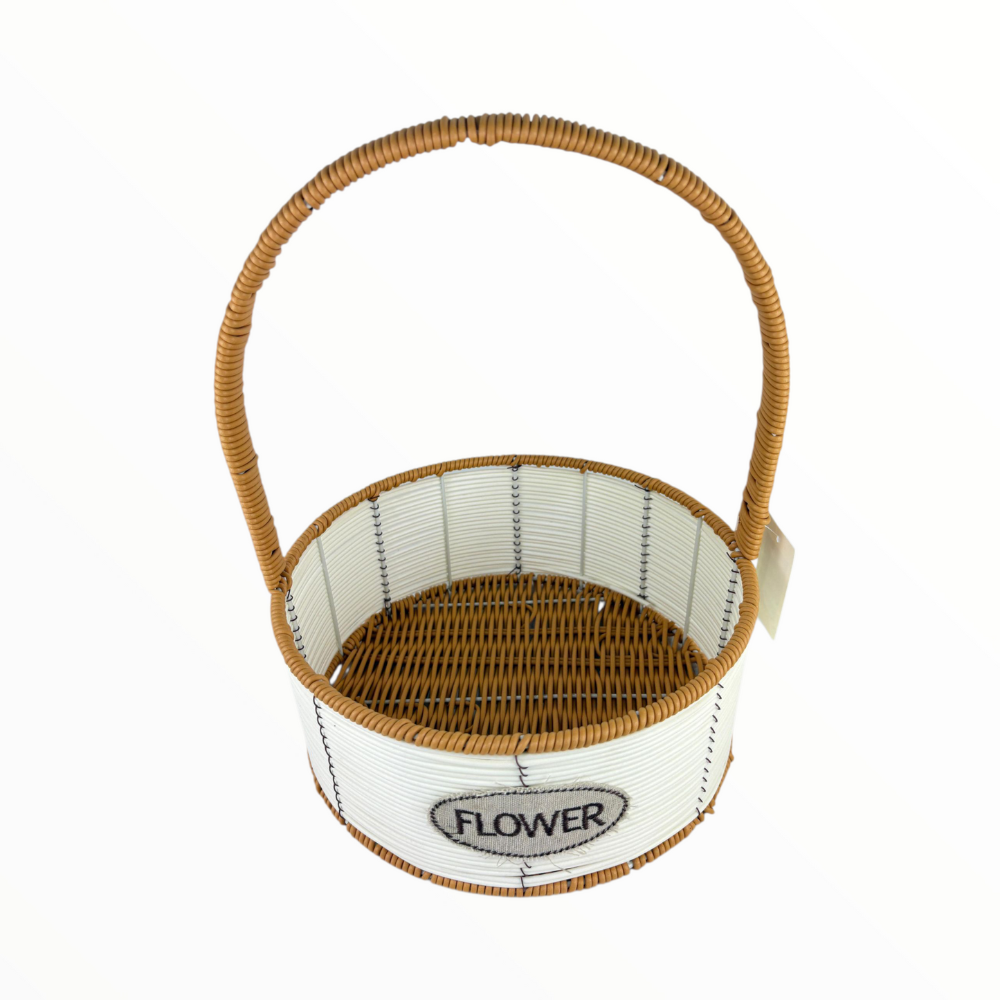 Large Round Flower Basket with Tall Handle – White & Brown Woven Decorative Organizer