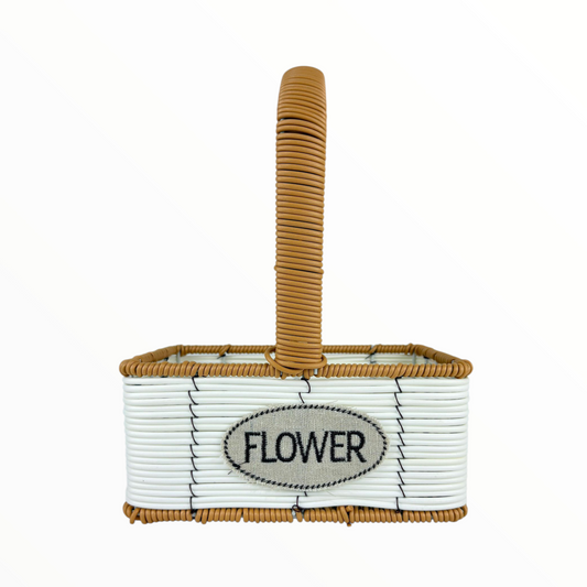 Small Rectangular Flower Basket with Handle – White & Brown Woven Decorative Organizer
