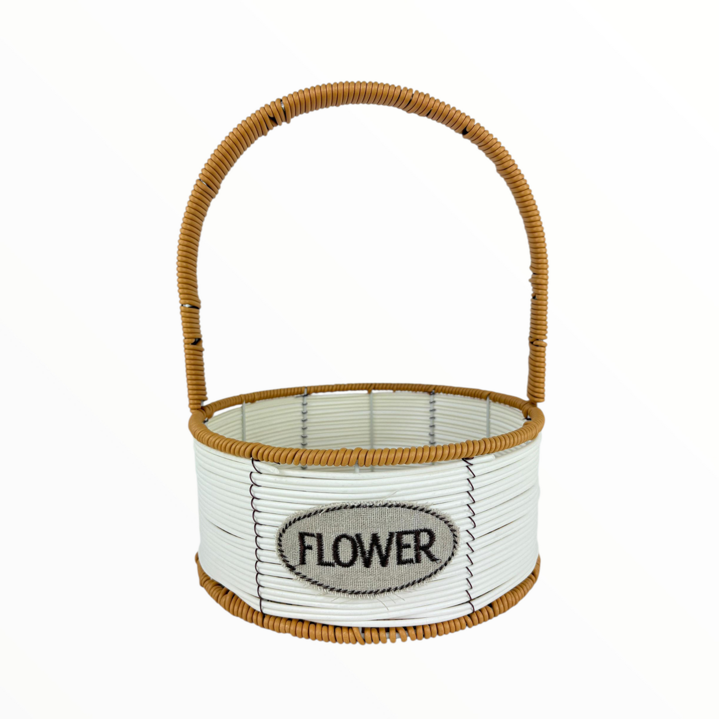 Medium Round Decorative Flower Basket with Handle – White & Brown Woven Storage Organizer