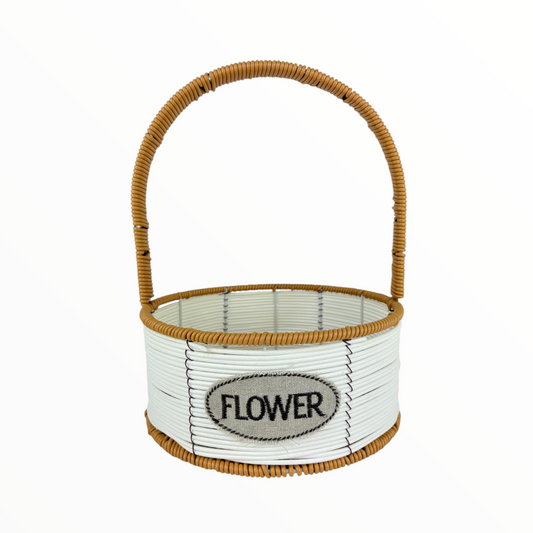 Small Round Decorative Flower Basket with Handle – White & Brown Woven Storage Organizer