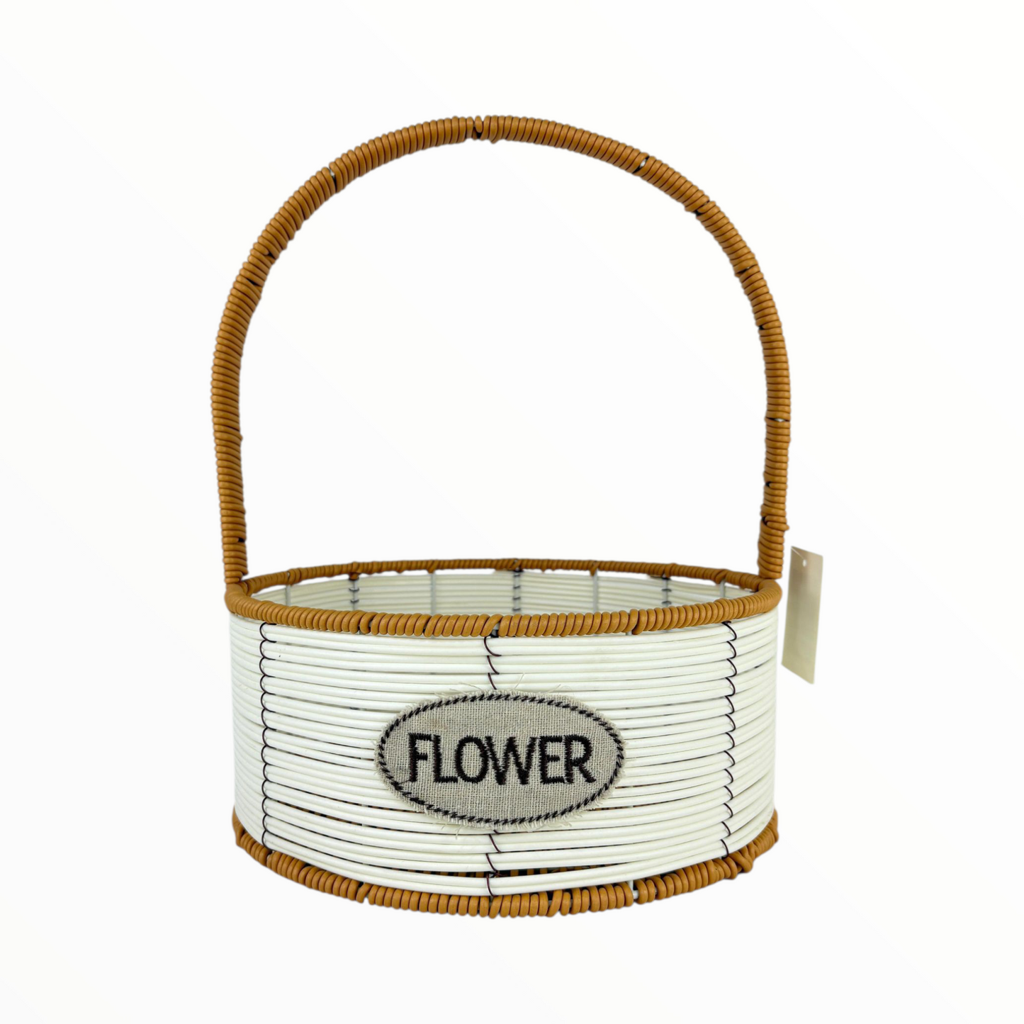 Large Round Flower Basket with Tall Handle – White & Brown Woven Decorative Organizer