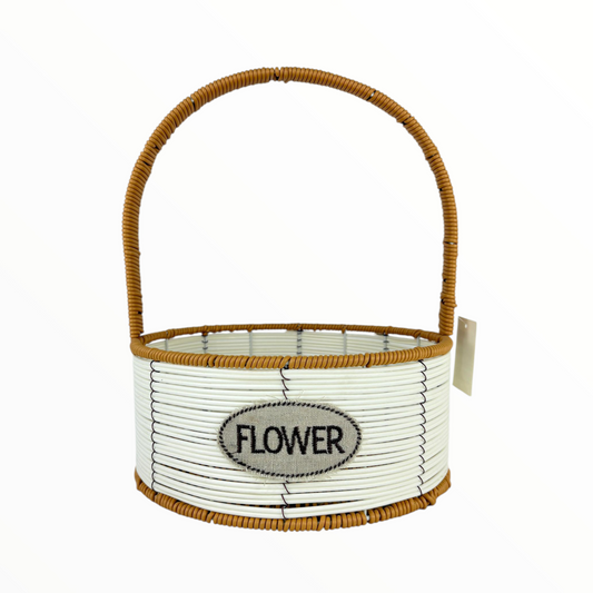 Large Round Flower Basket with Tall Handle – White & Brown Woven Decorative Organizer