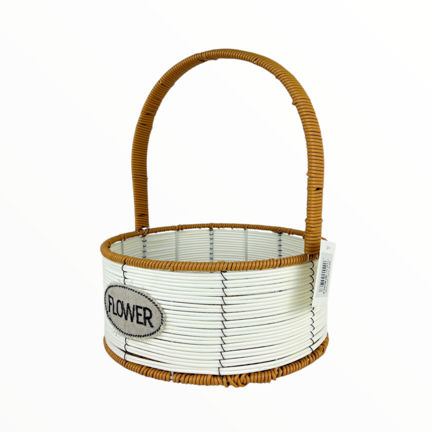 Large Round Flower Basket with Tall Handle – White & Brown Woven Decorative Organizer