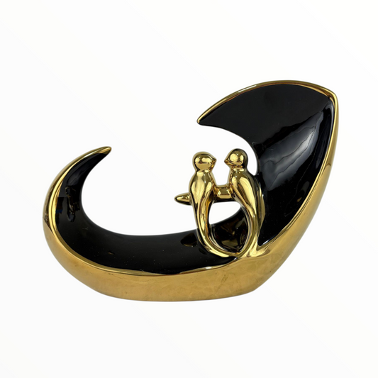 Romantic Couple on Crescent Moon Sculpture – Gold & black Ceramic Home Decor Figurine