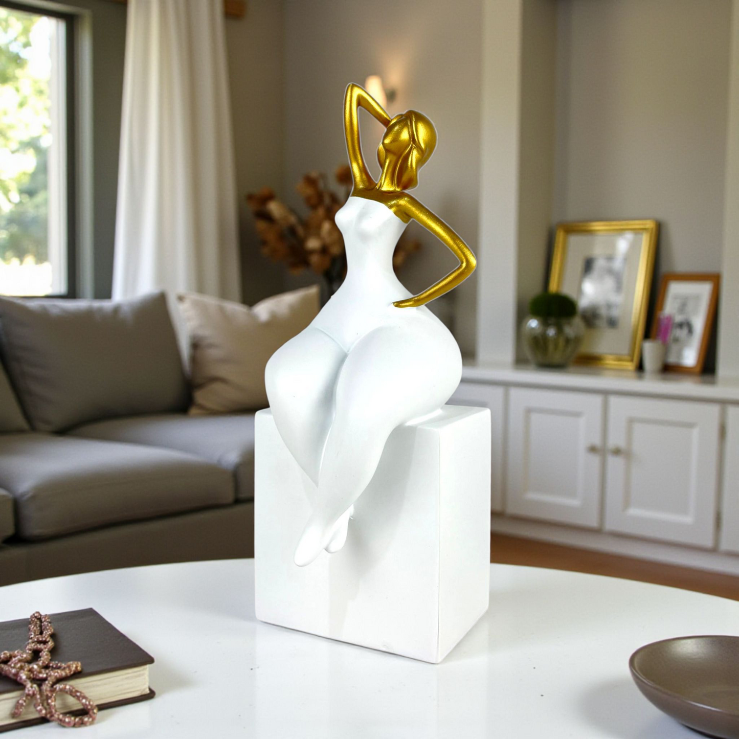 Elegant Golden Woman Statue – Modern Sitting Lady Sculpture for Home Decor