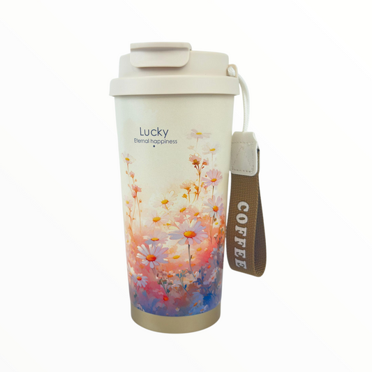 Lucky Travel Tumbler – Leakproof Insulated Cup with Daisy & Sunset Floral Design