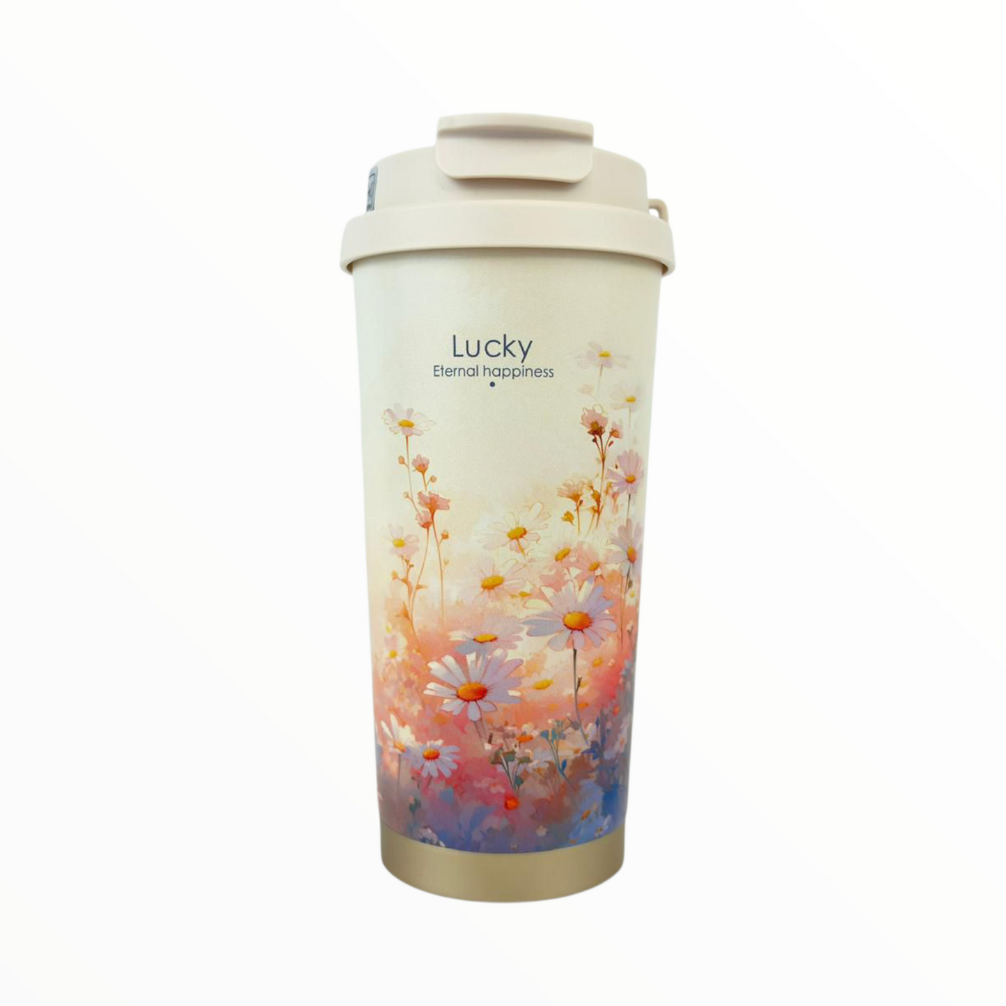 Lucky Travel Tumbler – Leakproof Insulated Cup with Daisy & Sunset Floral Design