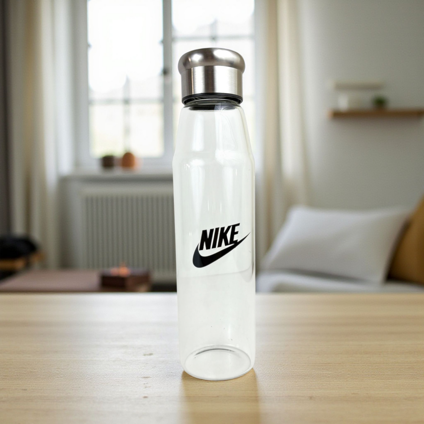 Nike Clear Glass Water Bottle – 500ml Sports & Fitness Bottle with Stainless Steel Lid (Eco-Friendly & Reusable)
