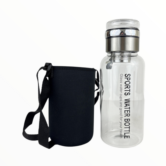 Glass Sports Water Bottle with Stainless Steel Lid & Carry Sleeve – BPA-Free Gym & Travel Bottle