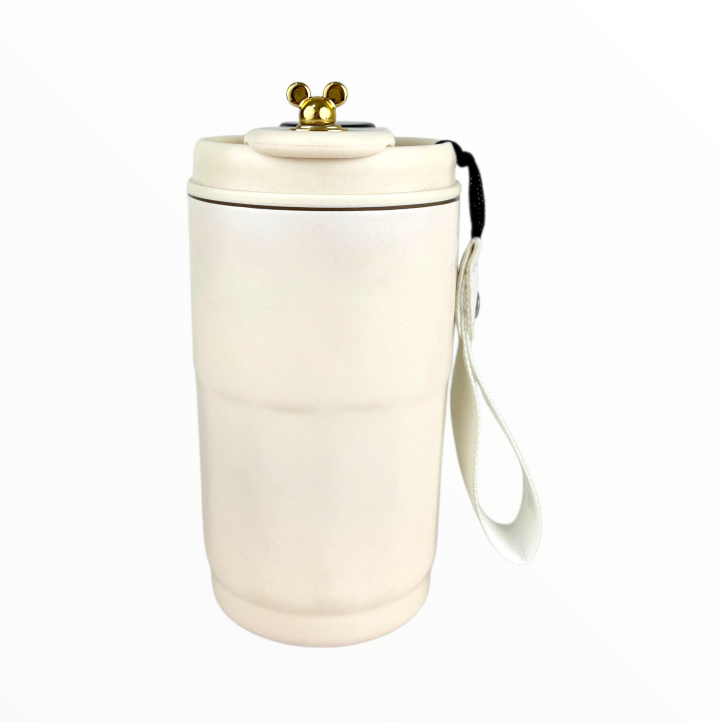 Cute Mickey Lid Travel Cup – Double Wall Leak-Proof Coffee & Tea Tumbler (White/Gold)