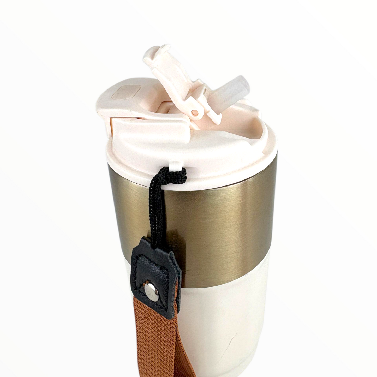 Premium Travel Coffee Tumbler with Handle Strap – Double Wall Leak-Proof Thermal Cup (White & Gold)