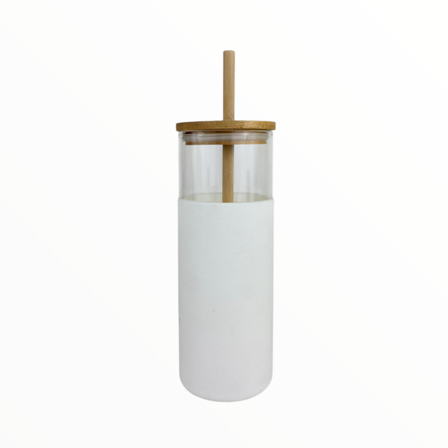 Minimalist Glass Tumbler with Bamboo Lid & Straw – Reusable Iced Coffee Cup (Clear/White)