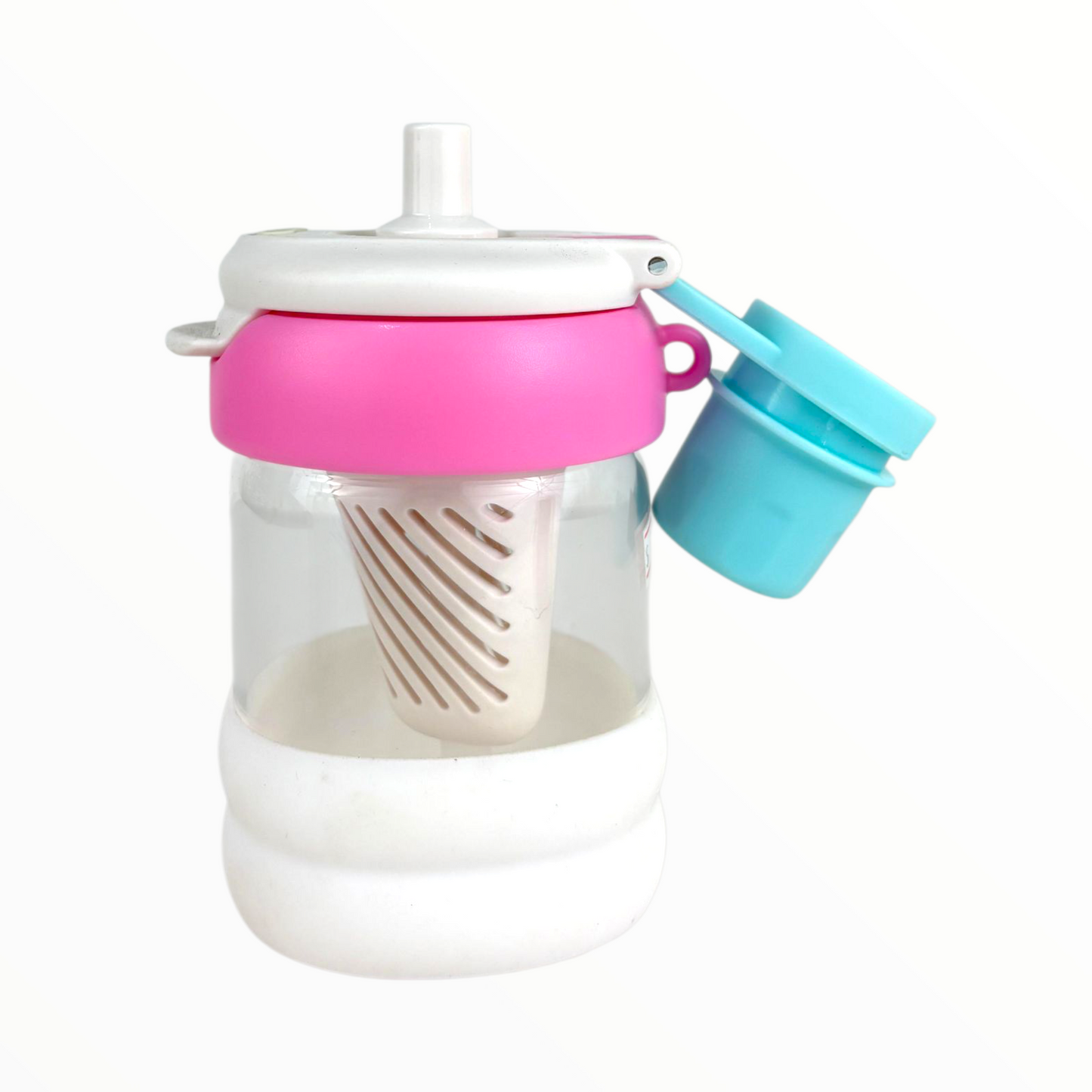 Collapsible Kids Water Bottle – Foldable Silicone Bottle with Straw & Cup (Pink/White/Blue