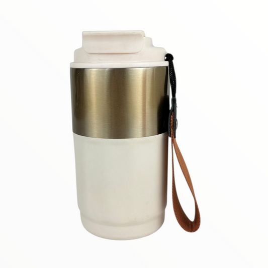 Premium Travel Coffee Tumbler with Handle Strap – Double Wall Leak-Proof Thermal Cup (White & Gold)