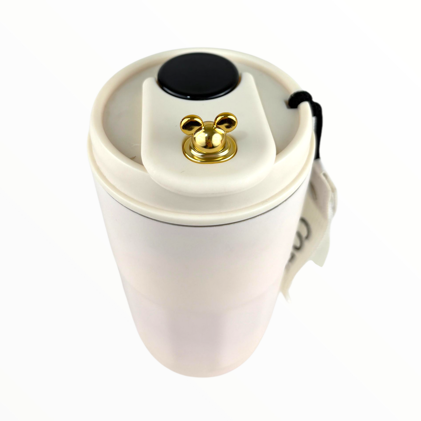 Cute Mickey Lid Travel Cup – Double Wall Leak-Proof Coffee & Tea Tumbler (White/Gold)