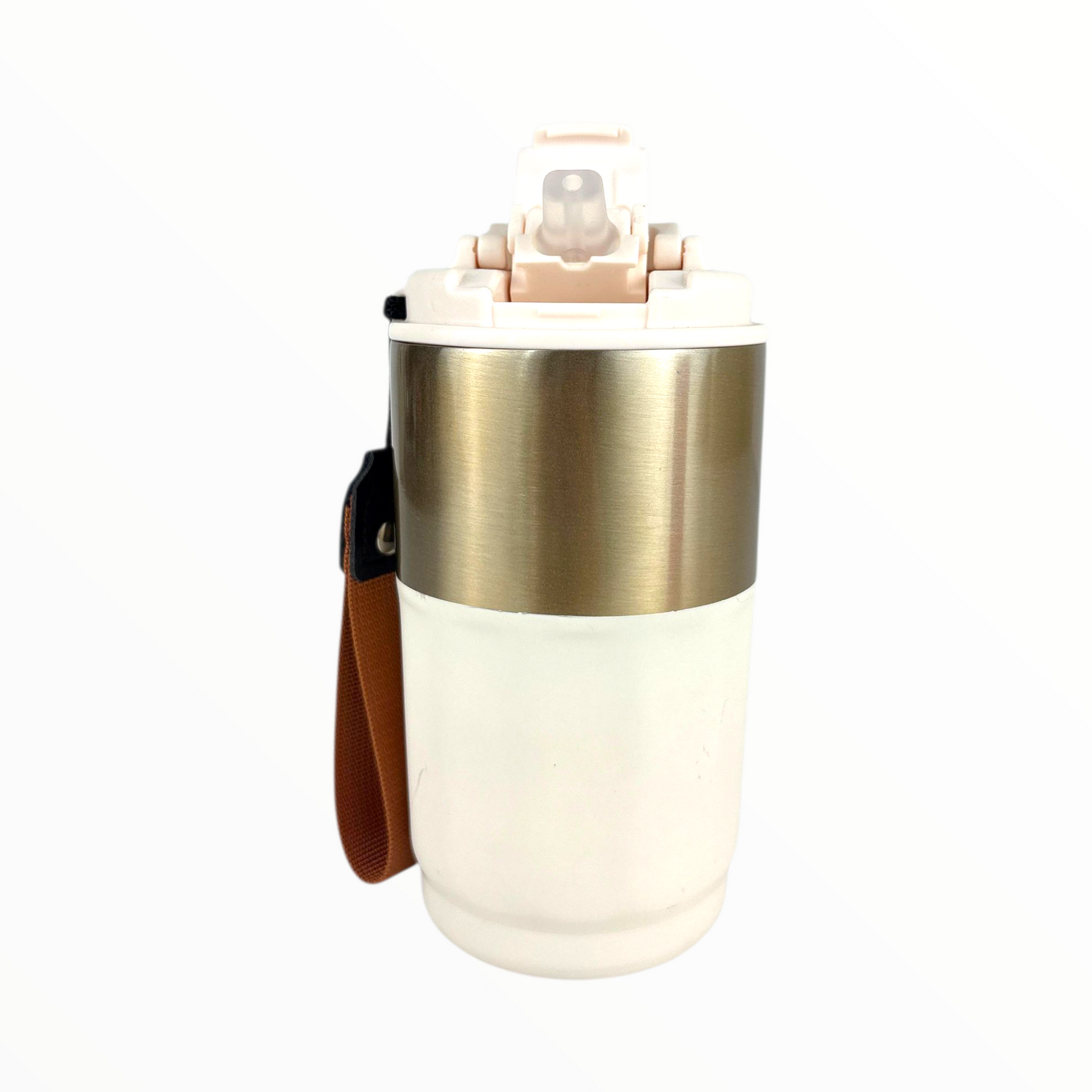 Premium Travel Coffee Tumbler with Handle Strap – Double Wall Leak-Proof Thermal Cup (White & Gold)