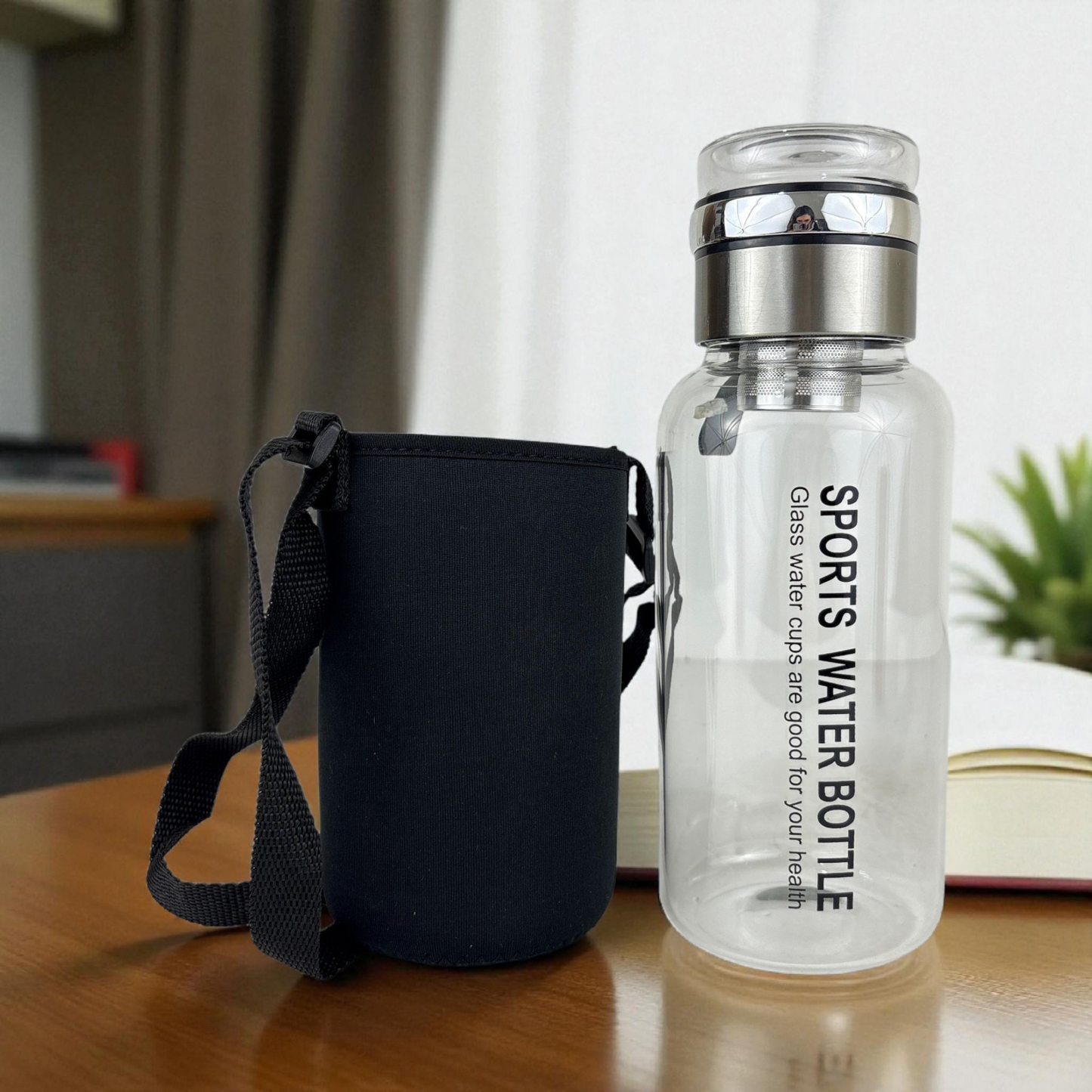 Glass Sports Water Bottle with Stainless Steel Lid & Carry Sleeve – BPA-Free Gym & Travel Bottle