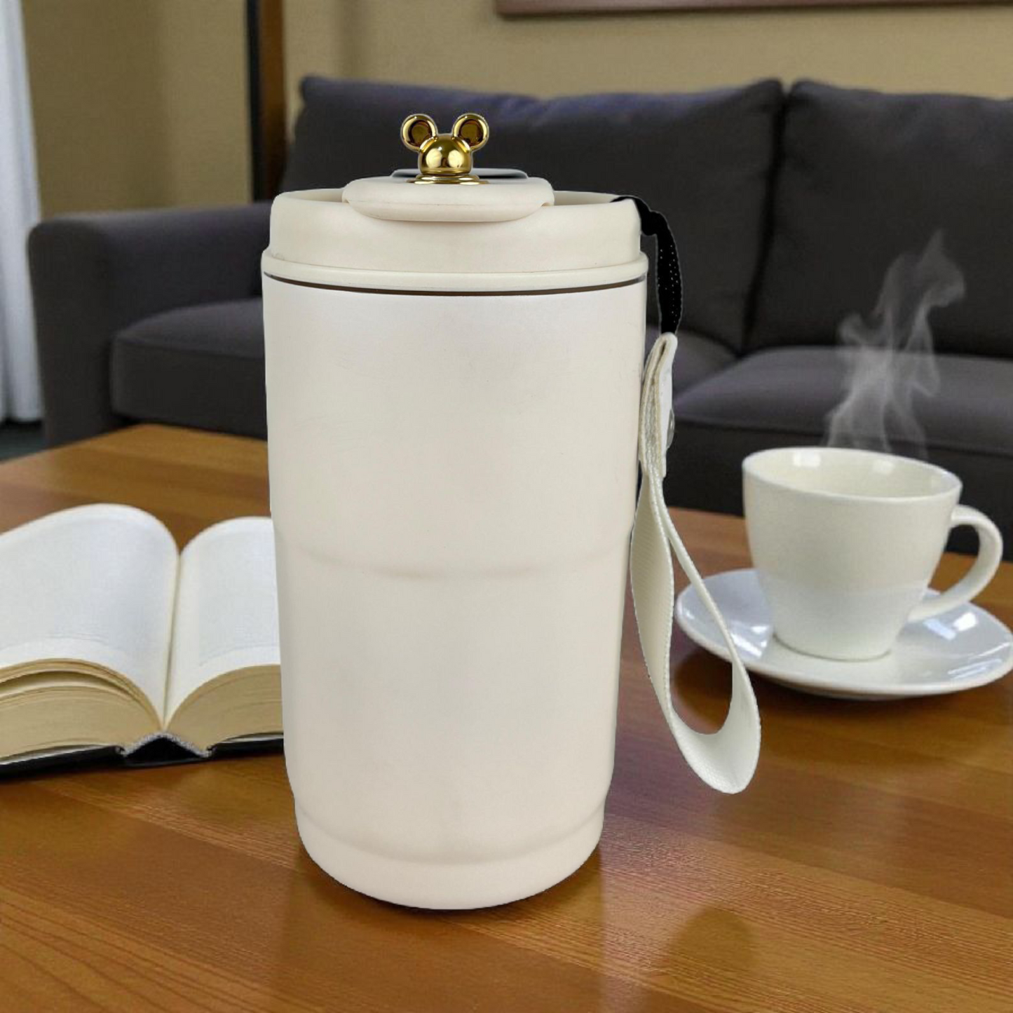 Cute Mickey Lid Travel Cup – Double Wall Leak-Proof Coffee & Tea Tumbler (White/Gold)