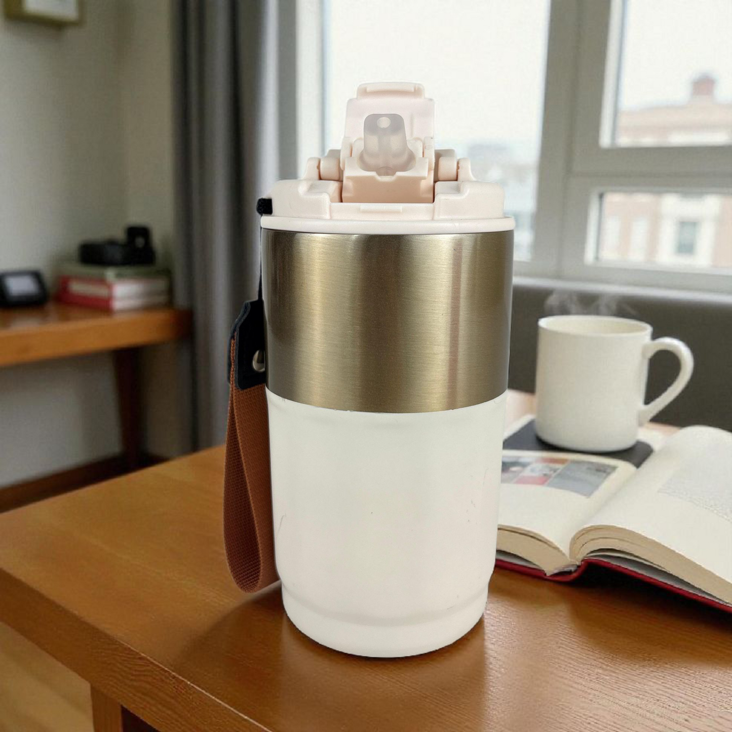 Premium Travel Coffee Tumbler with Handle Strap – Double Wall Leak-Proof Thermal Cup (White & Gold)