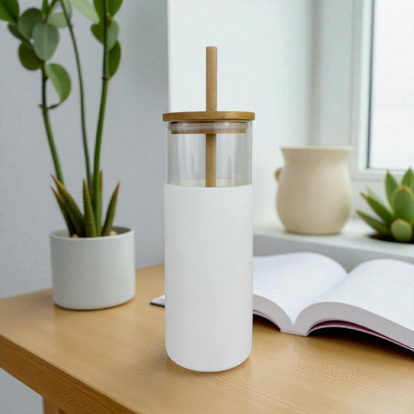 Minimalist Glass Tumbler with Bamboo Lid & Straw – Reusable Iced Coffee Cup (Clear/White)