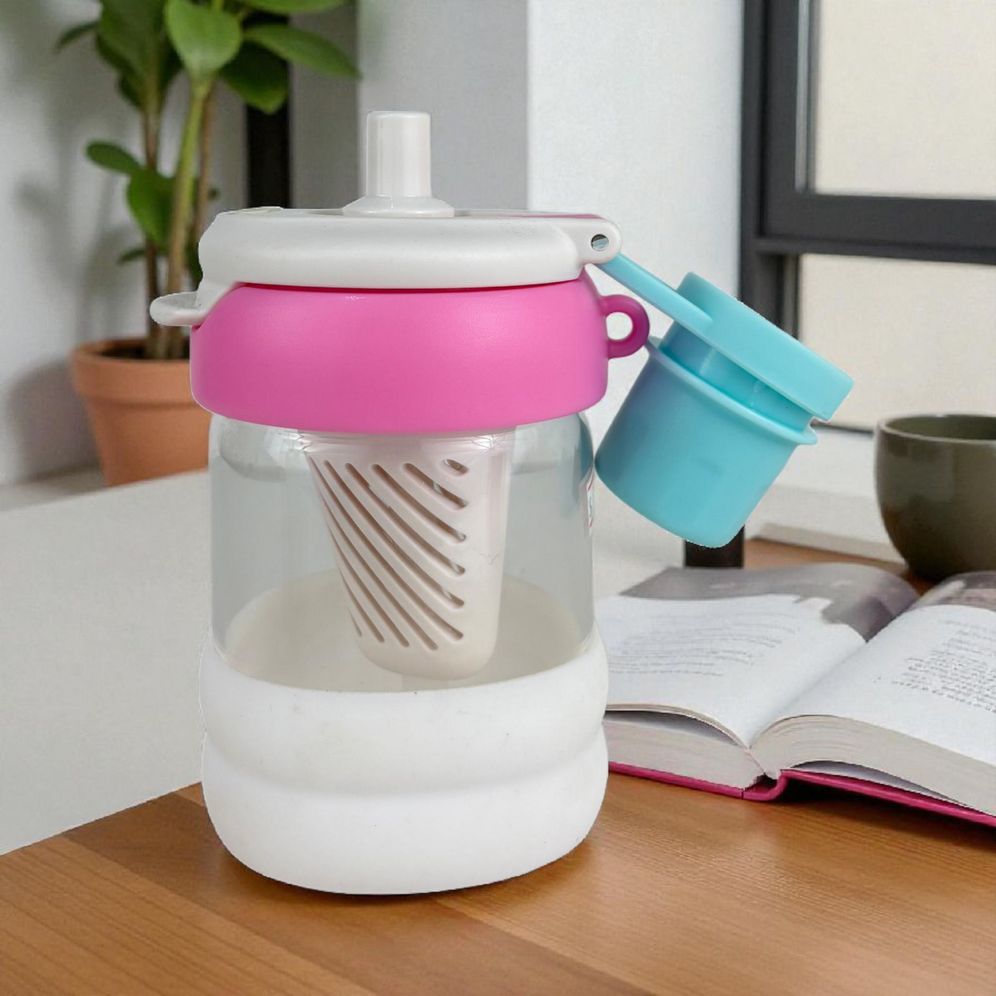 Collapsible Kids Water Bottle – Foldable Silicone Bottle with Straw & Cup (Pink/White/Blue