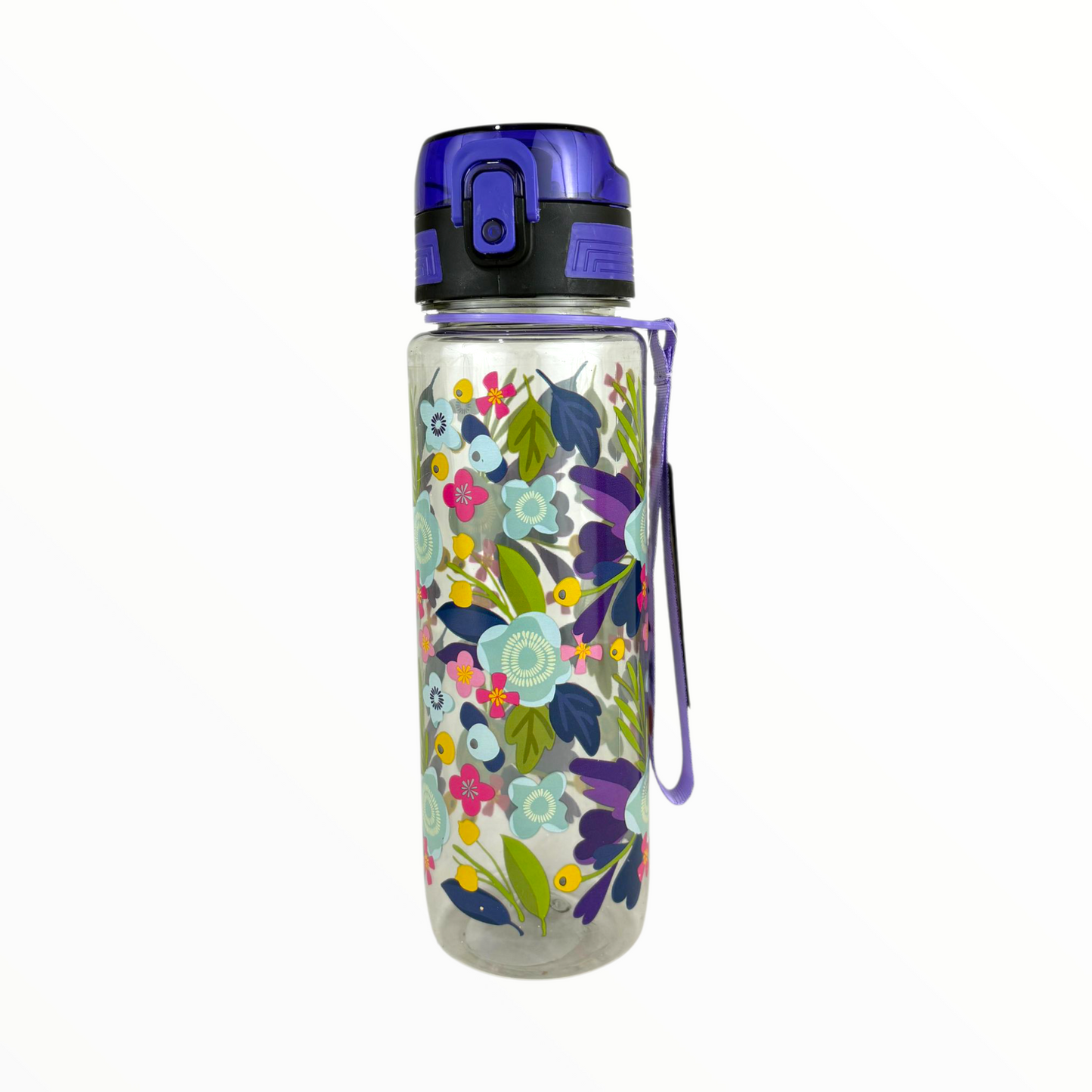 Floral Leak-Proof Water Bottle with Secure Flip Lid & Strap – BPA-Free Clear Hydration Bottle (Purple Top)
